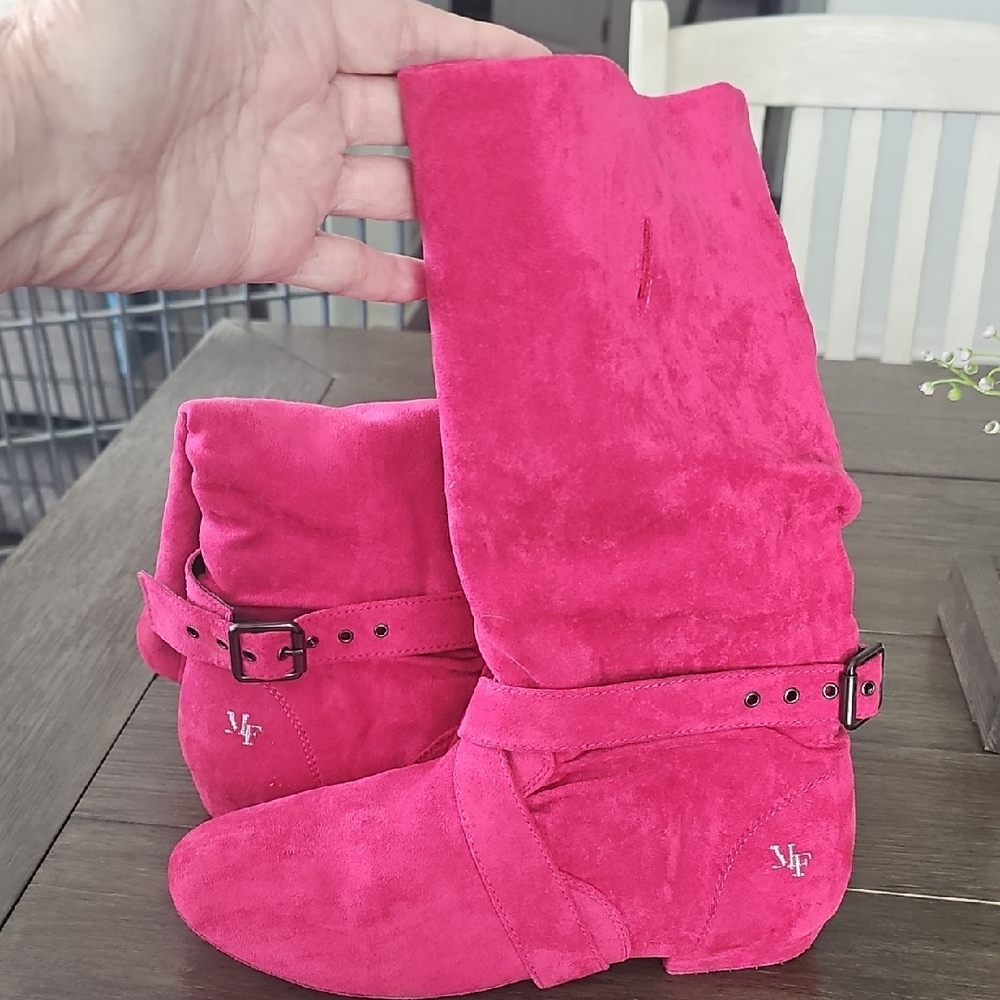 Vibrant Pink Suede Ankle Booties with Buckle Accents